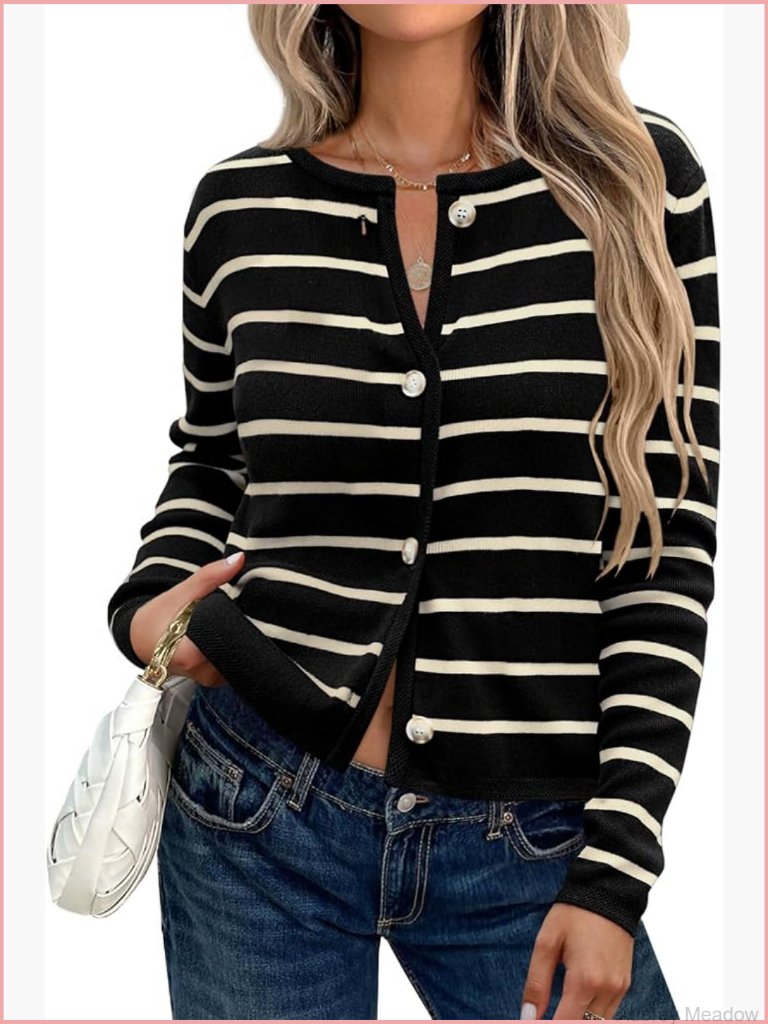 Striped Business Casual Cardigan - Crew Neck Button Front Sweater - Soft Knit